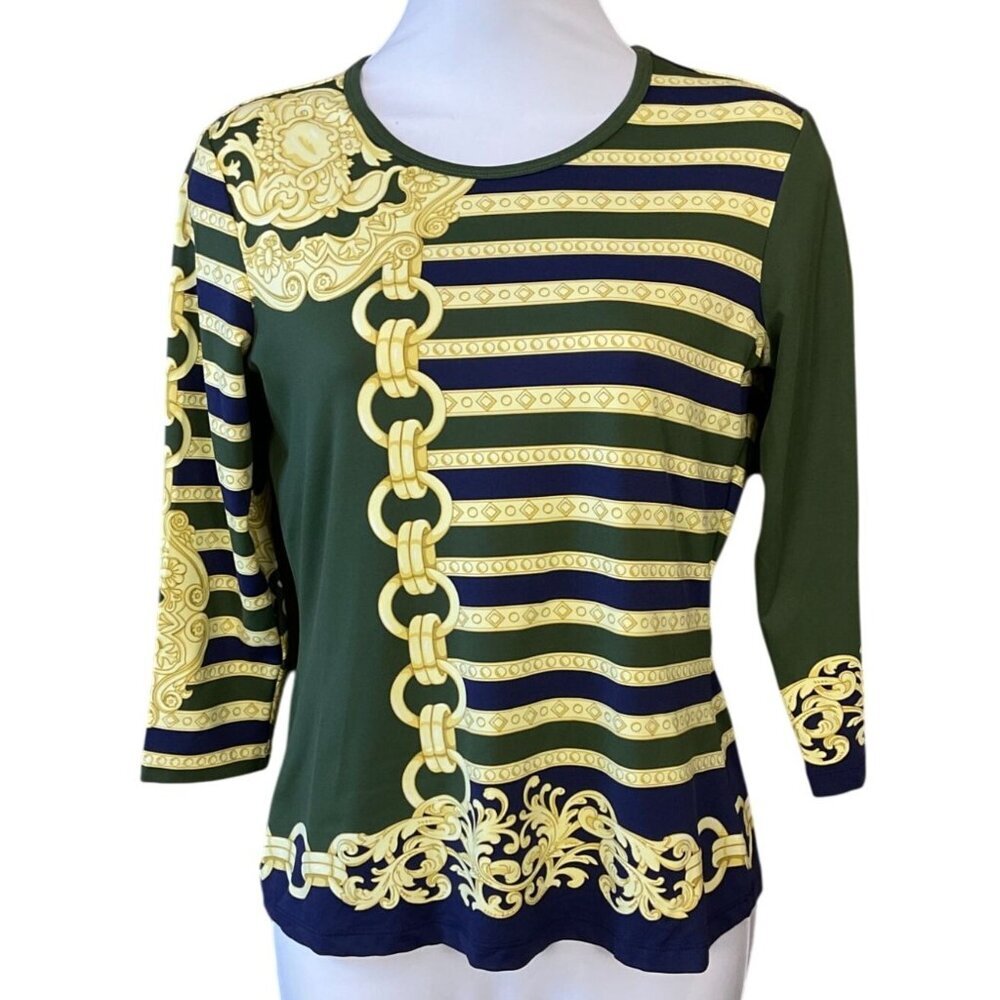 J.McLaughlin Catalina Knit Olive/Blue Chain Print 3/4 Sleeve Tee XS NWT